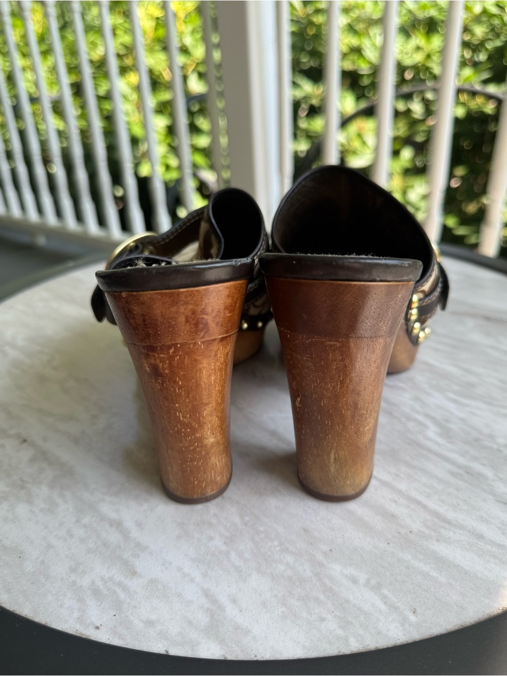 Coach Tan and Brown Logo Clog Mules with Gold Buckle - Picture 3 of 8